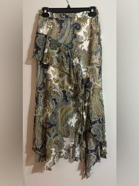 Veronica Beard Asymmetrical Long Paisley Ruffle Skirt in Green and Navy